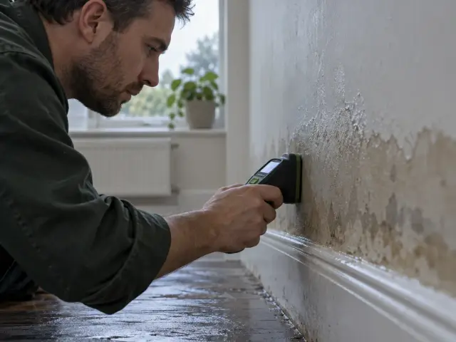 A moisture meter held against the base of a drywall wall beside a damp tide mark